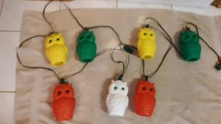 Vtg String Of 7 Blow Mold Plastic Owls Patio Rv Camping Party Lights Halloween
