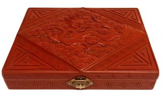 Vintage Chinese Red Laquered Jewelry Box With Detailed Carved Dragon On The Top