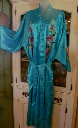 Vtg Golden Dragon 100 Silk Kimono Robe Hand Embroidered Floral Lined Xl Blue