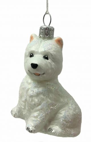 White Westie West Highland Terrier Dog Polish Glass Christmas Tree Ornament