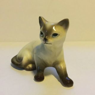 Vintage Seal Point Siamese Cat Porcelain Figurine 4” Brown & Cream Blue Eyes 2