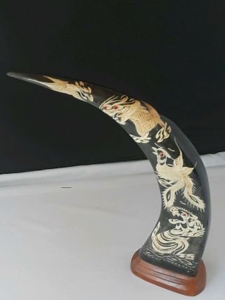 Vintage Hand - Carved Animal Horn,  Tiger Bird Dragon Etching,  21 " Tall Right Horn