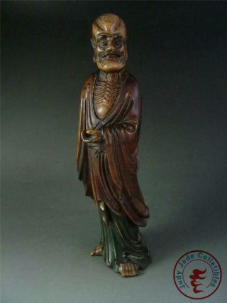Very Large Antique Old Chinese Painted Wood Carved Buddha Statue Tibetan Damo