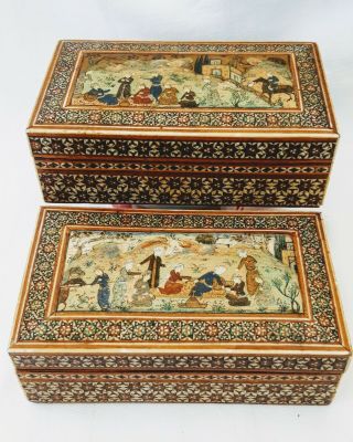 Rare Vintage Asian / Oriental Hand Made Inlaid Hand Painted Wooden Boxes