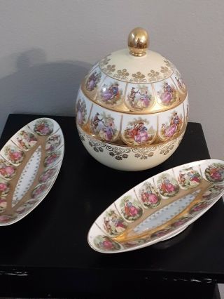 Vintage J.  K.  Carlsbad Fragonard Bavaria Porcelain Courting Couple Lidded Bowl.