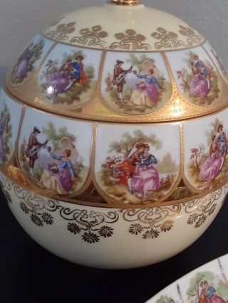 Vintage J.  K.  Carlsbad Fragonard Bavaria Porcelain Courting Couple Lidded Bowl. 3