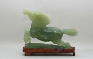 Vintage Chinese Hand Carved Green Jade Stone Horse Sculpture Wooden Stand