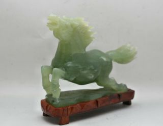 Vintage Chinese Hand Carved Green Jade Stone Horse Sculpture Wooden Stand 2