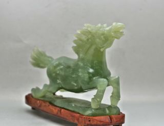 Vintage Chinese Hand Carved Green Jade Stone Horse Sculpture Wooden Stand 3