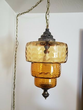 1 Vtg Mid Century Optic Amber Glass 3 Tier Swag Ceiling Lamp Hollywood