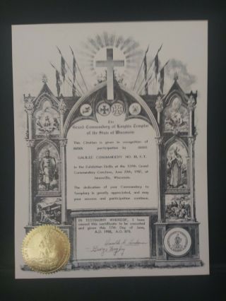 Masonic Knights Templar Award 1988 Commandery Distinguished Service