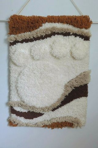 Vintage Completed Abstract Mid Century Modern Latch Hook Rug Wall Art Paw Print