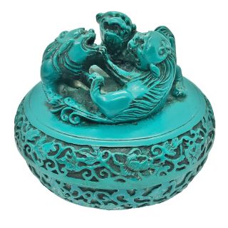 Vintage Chinese Foo Dog Hand Carved Turquoise Resin Box Dragon Asian Artwork Old