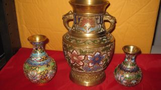 3 Vtg Antique Japanese Enamel Brass Champleve Cloisonne Dragons Vases