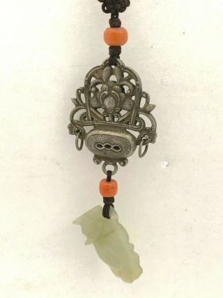 Antique Qing Silver Hollow Amulet: Flower and Urn with Jade Cat (H27) 3