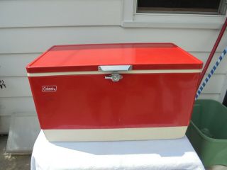 Vintage Coleman Red White Metal Plastic Cooler Ice Chest Fishing,  Camping