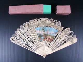 Antique Chinese Export Hand Painted Carved Bovine Bone Brise Hand Fan