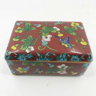 Antique Japanese Cloisonne Enamel Brass Flowers Asian Box w/ Butterflies Flowers 2