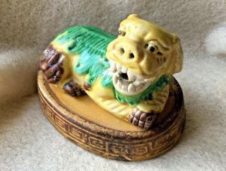 Antique Chinese Sancai Glaze Fu Foo Dog Reclining Figurine 19th C Pottery Stand
