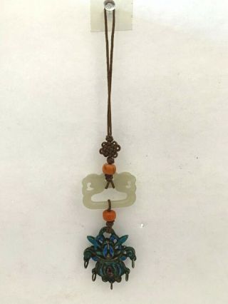 Antique Qing Silver Hollow Amulet: Enamel Flower And Urn With Jade Pendant (h33)