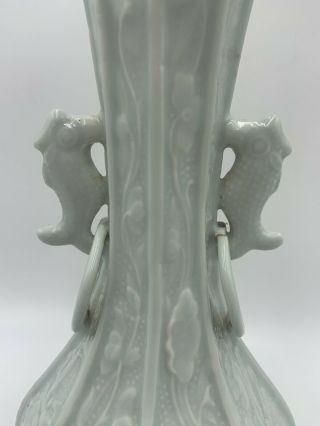 Antique Chinese Celadon Porcelain Vase w/ Fish Handles Rings Early 20th C Export 3