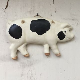Vintage Ceramic White & Black Pig Wall Hanging Figure