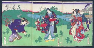 Japanese Woodblock Print By Kunisada Ⅱ Genji Triptych Ukiyo - E Y16