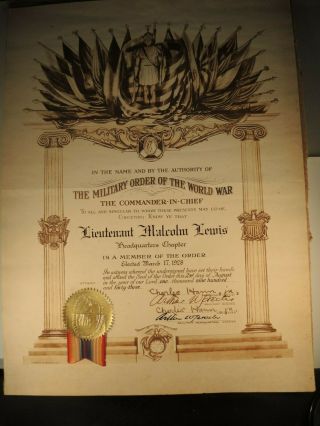 The Military Order Of The World War Certificate To Lt.  Malcolm Lewis 1928
