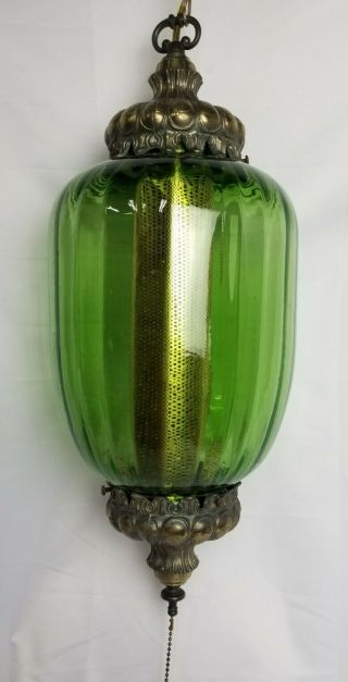 Vintage Mcm Green Glass Hanging Ceiling Swag Lamp Light & Diffuser