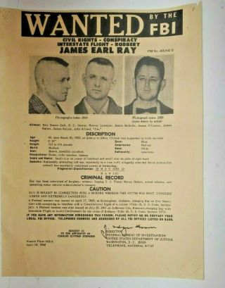 Department Of Justice Wanted Poster James Earl Ray Pittsboro Indiana 68