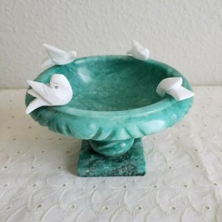 Italian Alabaster Hand Carved Bowl - Bird Bath - Vintage 6 " X 3.  5 " W/ 4 Birds