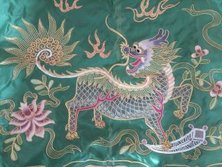 Chinese Hand Embroidered Panel Metallic Thread Silver Gold Green Dragon Retro 3
