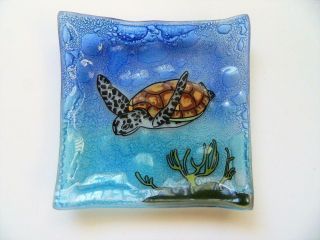 Sea Turtle 3 Fused Art Glass Sm Square Plate Dish Ecuador Fair Trade