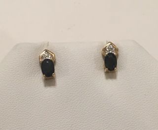 Vintage 10k Solid Yellow Gold Blue Sapphire & Diamond Earrings