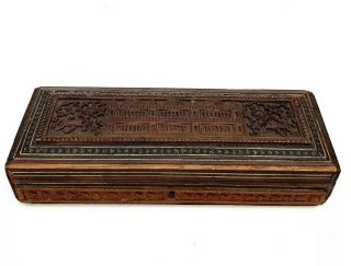 Antique Anglo Indian Carved Sandalwood Box With Inlay,  Palace Scene 19th Century