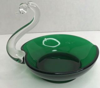 Vintage Art Glass Swan Trinket Candy Dish Hand Blown Emerald Green & Clear Euc