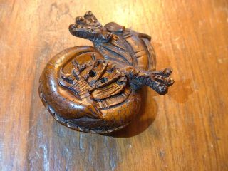 Antique Japanese Carved Wooden Coiled Dragon Netsuke Signed 2