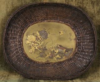 Antique Meiji mixed metal basket weave tray Japanese gold silver brass copper 2
