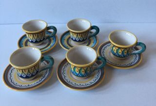Deruta Italy Ceramic Hand - Painted Espresso Demi Cup & Saucer Set Of 5 Vintage