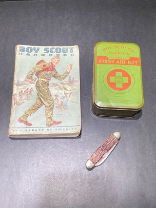 (3) Vintage Boy Scout Items Pocket Knife Imperial First Aid Kit Tin&handbook 1959