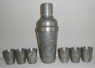 Antique Kut Hing Swatow China Pewter Cocktail Shaker,  6 Cups Engraved Dragons