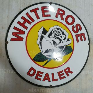 WHITE ROSE DEALER 30 INCHES ROUND VINTAGE ENAMEL SIGN 3