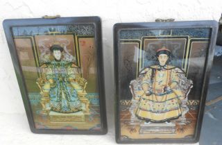 Vintage Chinese Reverse Paintings On Glass Ancestors Framed