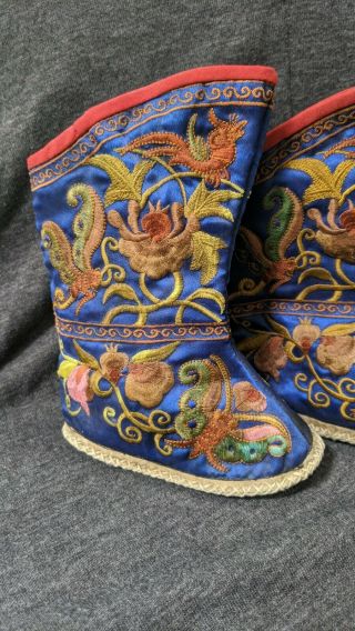 Fine Old Chinese Embroidery Silk Child ' s Shoes Boots Textile 2
