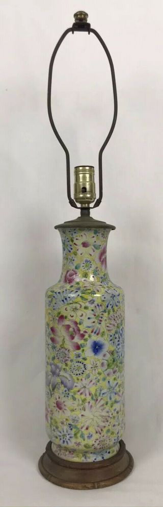Vintage Chinese Floral Flowers Painted Porcelain Vase Table Lamp Wood Base