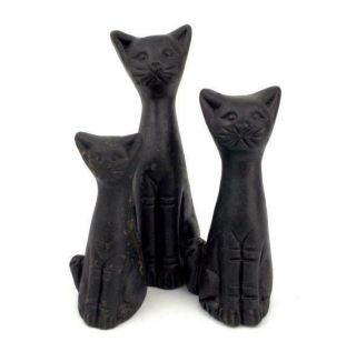 Sitting Cat Figurines Black Clay Handmade Statues Set Of 3 Nos Concerned Crafts