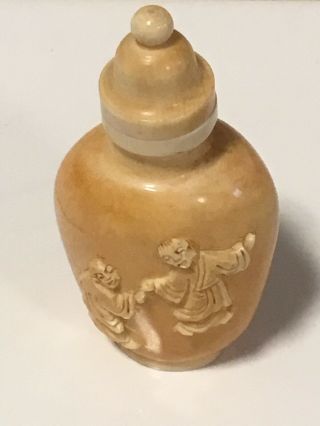 Vintage Chinese Hand Carved Snuff Bottle With Top And Spoon