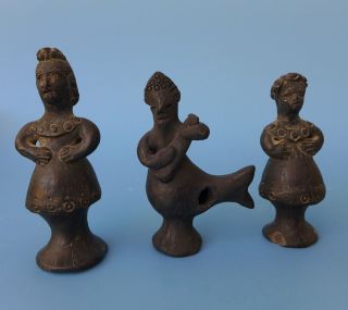 Set Of 3 Vintage Mexican Black Clay Oaxaca Figures & Whistle 3 1/2 " To 4 " Tall