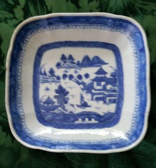 Antique 19th C.  Chinese Export Canton Blue & White Sqr Platter Serving Bowl 8.  5 "