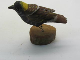 Hand Carved Painted Wooden Bird On Natural Wood Base.  Signed Donna Thompson